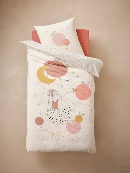 Conjunto infantil de funda nórdica + funda de almohada de algodón reciclado - PRINCESA POESÍA blanco estampado 