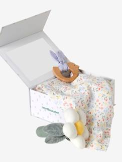 Juguetes- Primera edad-Doudous, peluches y juguetes de tejido-Estuche regalo con 3 prendas: paño doudou + sonajero + libro ilustrado
