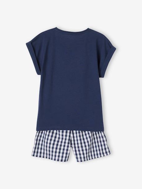 Pijama con short estampado palmeras de punto y popelina vichy niña azul eléctrico 