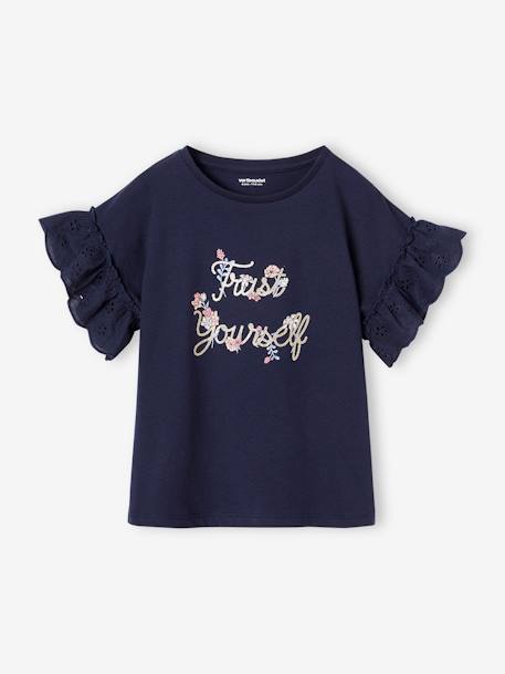 Camiseta romántica de algodón orgánico para niña azul marino+crudo 