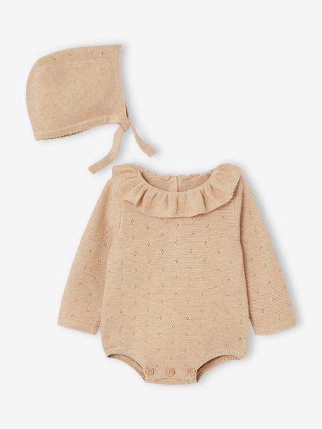 Pelele de manga larga y gorrito de punto tricot para bebé beige jaspeado 