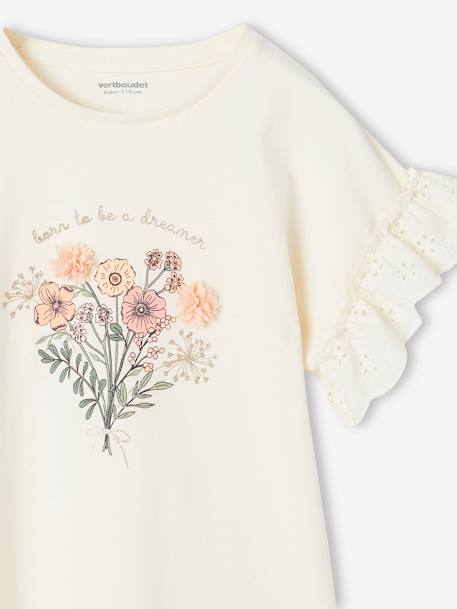 Camiseta con ramo de flores en relieve y mangas bordadas para niña vainilla 
