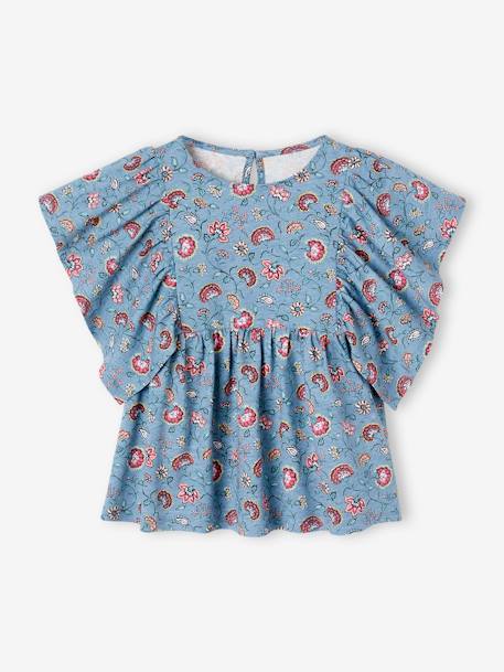 Camiseta blusa con flores, para niña azul petróleo+multicolor+vainilla 