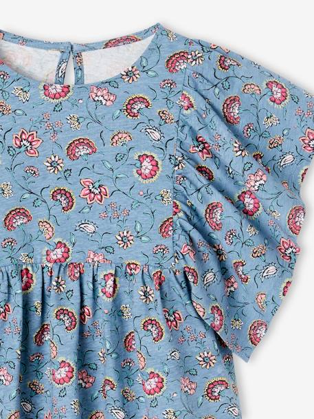 Camiseta blusa con flores, para niña azul petróleo+multicolor+vainilla 