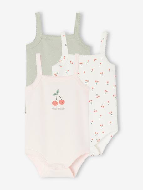 Algodón orgánico-Bebé-Pack de 3 bodies con cerezas y tirantes finos de algodón orgánico para bebé