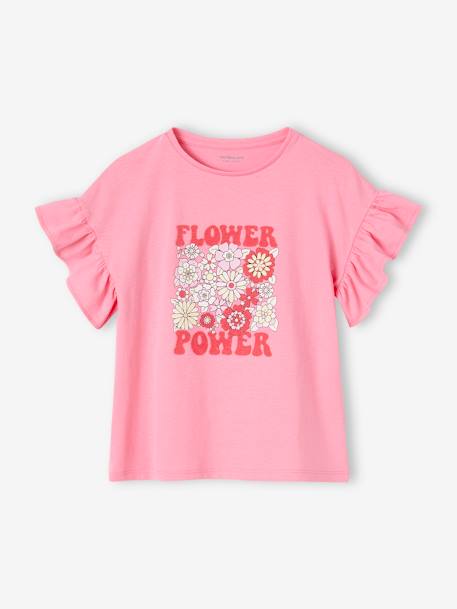 Camiseta 'Flower Power' con volantes en las mangas para niña rosa chicle 