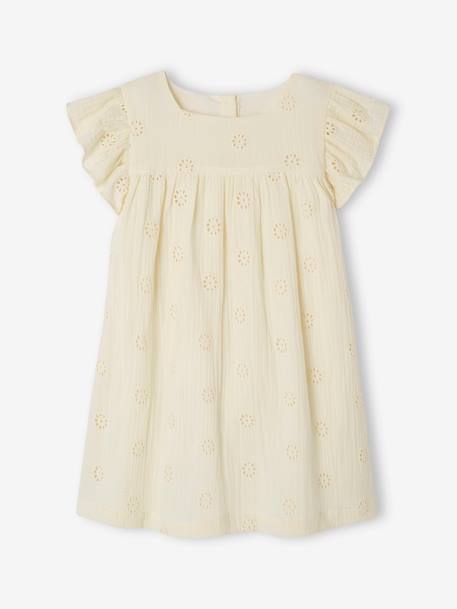 Vestido con bordado de flores para niña de gasa de algodón amarillo pastel+azul pálido+rosa maquillaje+vainilla 