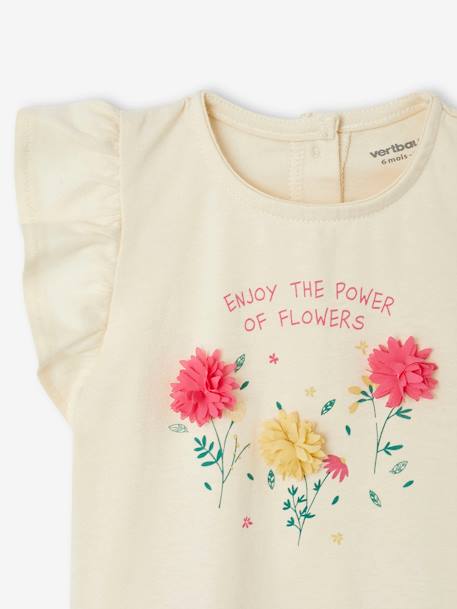 Camiseta con flores en relieve para bebé crudo+ROSA CLARO LISO CON MOTIVOS 