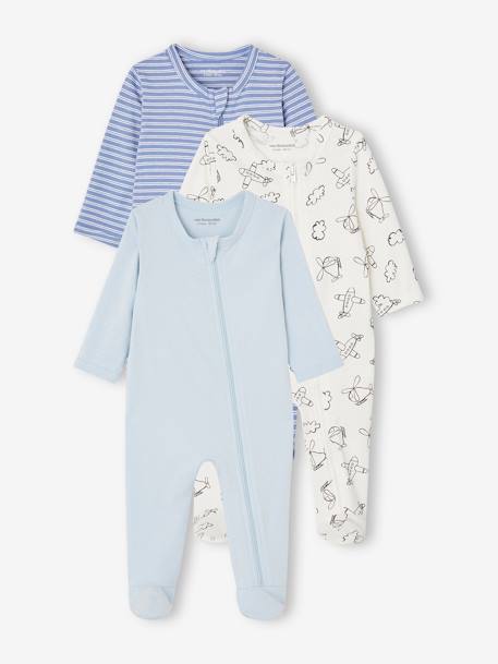 Pack de 3 pijamas para bebé de punto con abertura con cremallera BASICS azul chambray+capuchino 