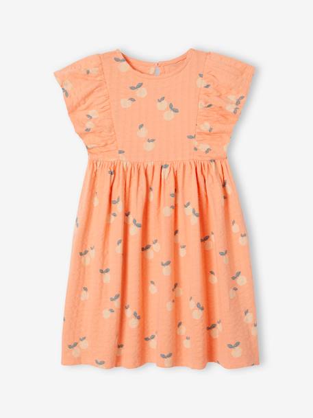 Vestido con flores y punto en relieve para niña crudo+mandarina+rosa chicle 