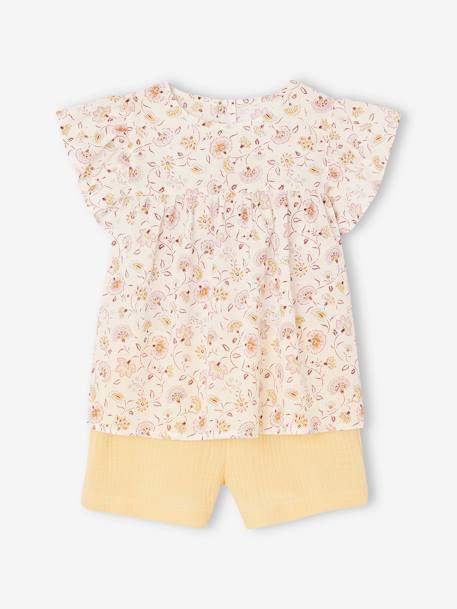 Conjunto blusa de flores y short de gasa de algodón para niña amarillo pastel+vainilla 