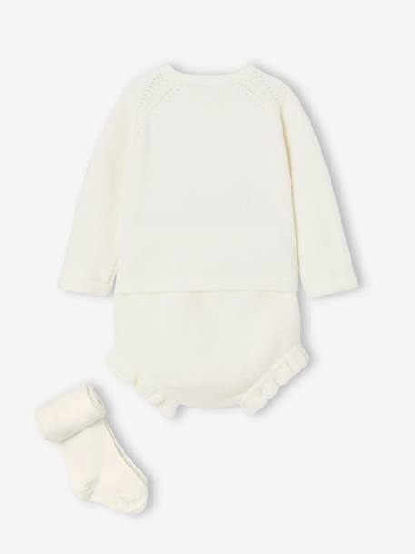 Conjunto 3 prendas de punto tricot: chaqueta, pantalón bombacho y leotardos para bebé recién nacido crudo 