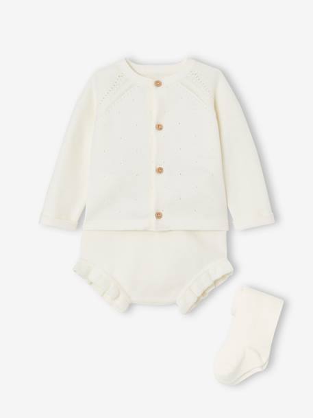 Conjunto 3 prendas de punto tricot: chaqueta, pantalón bombacho y leotardos para bebé recién nacido crudo 