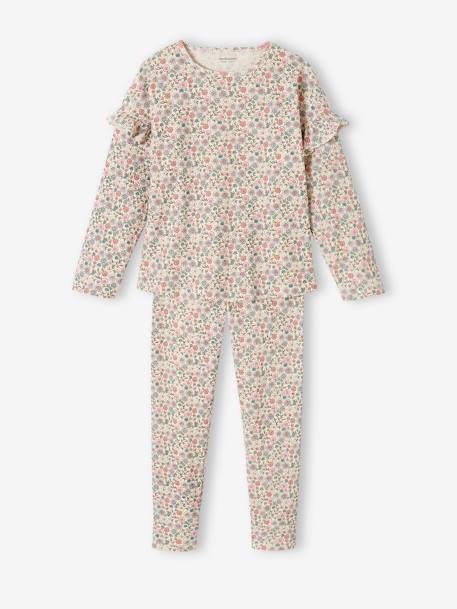 Pijama niña de punto de canalé con estampado de flores crudo 