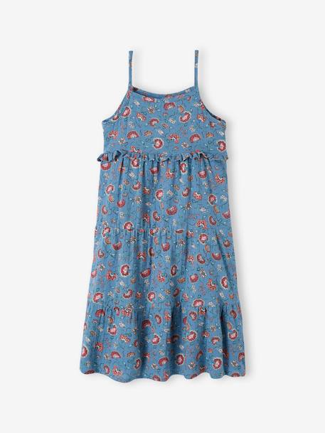 Vestido largo con tirantes de gasa de algodón para niña azul petróleo+coral+crudo+naranja estampado 