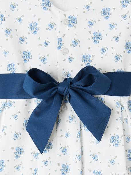 Vestido de ceremonia con flores a la acuarela en el bajo, para niña azul estampado+crudo+rosa estampado 