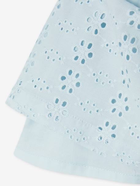 Blusa con volantes de bordado inglés para niña azul claro+coral+crudo 