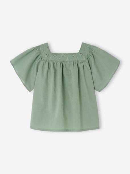 Blusa con cuello cuadrado y bordado inglés para bebé crudo+verde sauce 