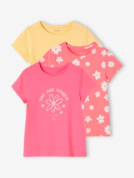 Pack de 3 camisetas surtidas con detalles irisados, para niña amarillo pastel+azul marino+AZUL OSCURO LISO CON MOTIVOS+MARRON CLARO LISO CON MOTIVOS+rosa frambuesa+verde sauce 