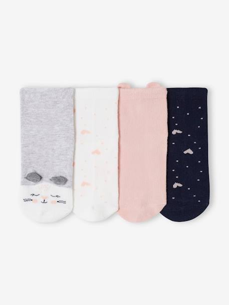 Pack de 4 pares de calcetines gato y corazones niña rosa 