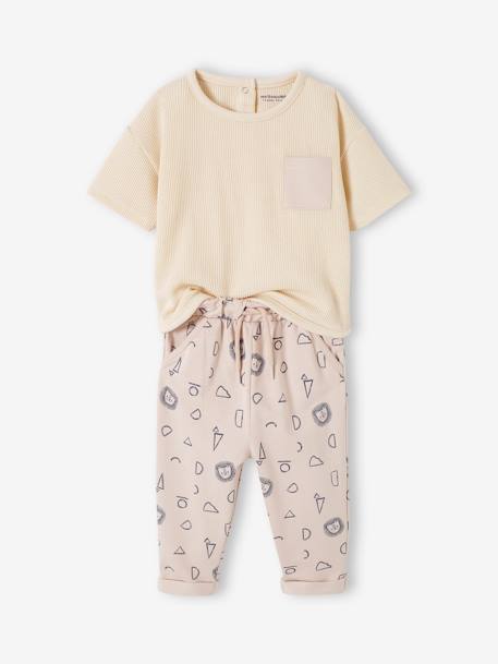 Conjunto bebé camiseta nido de abeja y pantalón de felpa crudo 