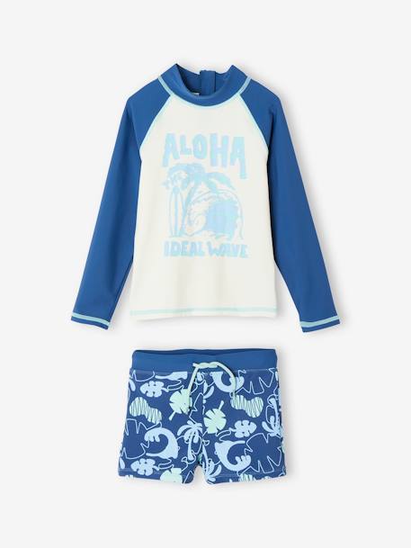 Conjunto de bañador antirrayos UV de camiseta + bóxer, para niño azul 