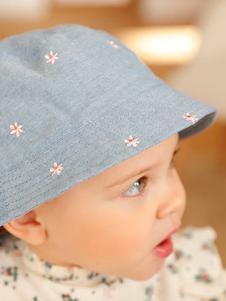 Sombrero bob denim con flores bordadas para bebé niña azul jeans 