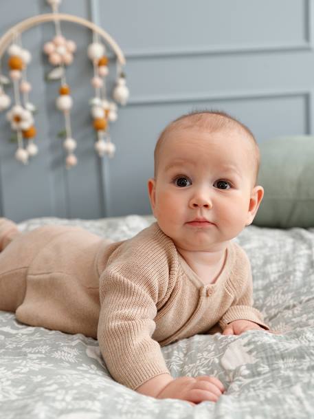 Conjunto 3 prendas de punto tricot: chaqueta, pantalón y patucos para bebé recién nacido beige jaspeado 
