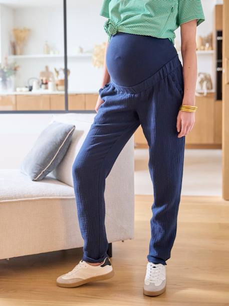 Pantalón para embarazo de gasa de algodón arcilla+azul marino+VERDE MEDIO LISO 