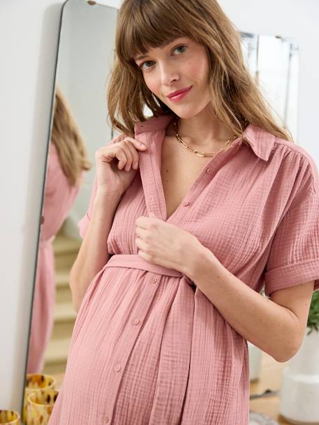 Vestido camisero corto de gasa de algodón para embarazo y lactancia rosa viejo 