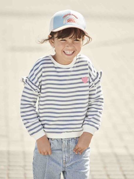 Sudadera marinera con volantes en las mangas para niña azul jeans+lila+rayas rosa 