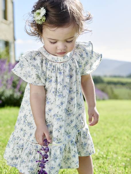 Vestido floral de ceremonia para bebé de gasa de algodón crudo 