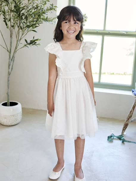 Vestido niña de ceremonia con volantes de gasa de algodón y tul crudo 