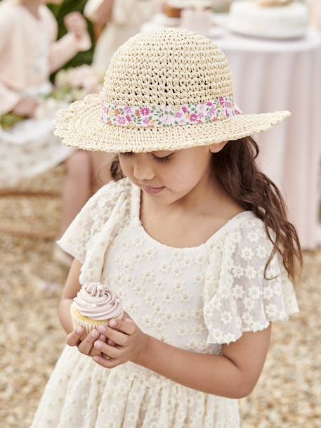 Sombrero aspecto paja efecto ganchillo con lazo estampado para niña rosa rosa pálido 