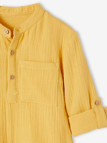 Camisa de gasa de algodón con mangas remangables, para niño amarillo+AZUL MEDIO LISO+crudo+verde 