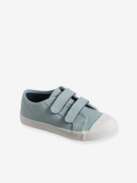 Zapatillas deportivas infantiles de lona con cierre autoadherente azul+azul claro+mostaza 
