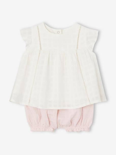 Bebé-Conjuntos-Conjunto vestido bordado y pantalón bombacho de gasa de algodón para bebé recién nacida
