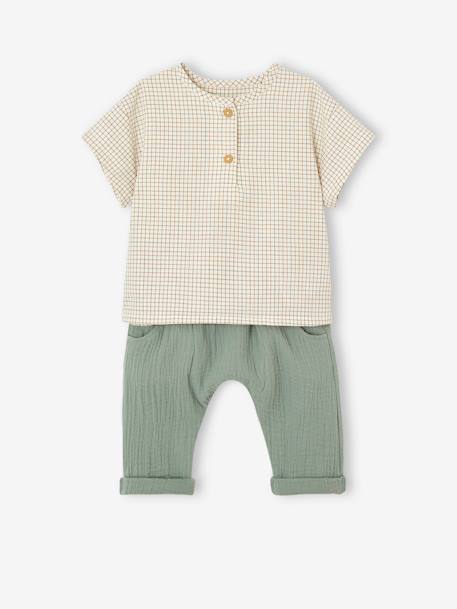 Conjunto de camiseta y pantalón de gasa de algodón para recién nacido verde grisáceo 