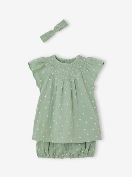 Conjunto de gasa e algodón: vestido + pantalón bombacho + cinta del pelo para bebé verde sauce 