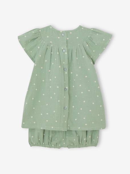 Conjunto de gasa e algodón: vestido + pantalón bombacho + cinta del pelo para bebé verde sauce 
