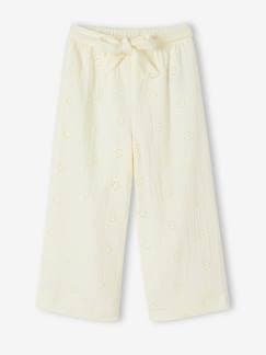 Niña-Pantalón ancho bordado de flores de gasa de algodón para niña