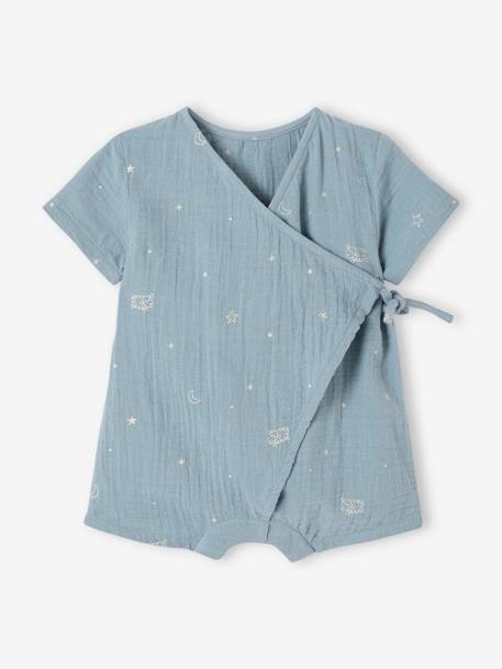 Pijama con short para bebé personalizable de gasa de algodón azul grisáceo+crudo 