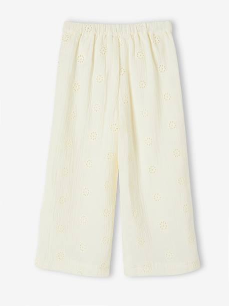 Pantalón ancho bordado de flores de gasa de algodón para niña vainilla 