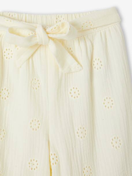 Pantalón ancho bordado de flores de gasa de algodón para niña vainilla 