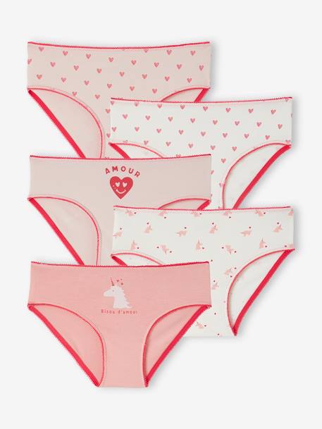 Pack de 5 braguitas con corazones y unicornios de algodón orgánico para niña rosa 
