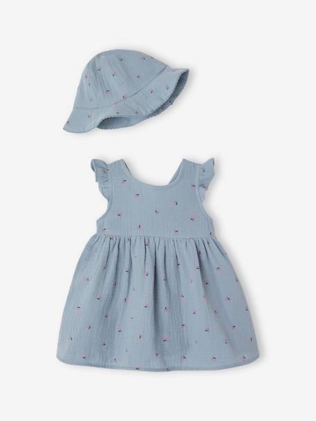 Conjunto de vestido y sombrero bob de gasa de algodón para bebé recién nacida azul chambray 