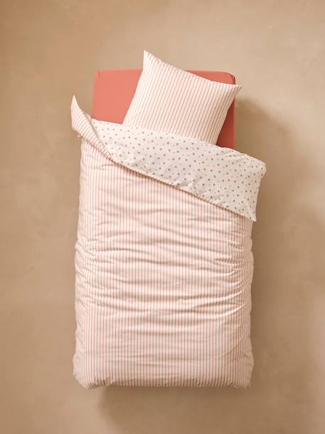 Pack funda nórdica + funda de almohada básicos reversible FLORES RAYAS, con algodón reciclado rosa estampado 