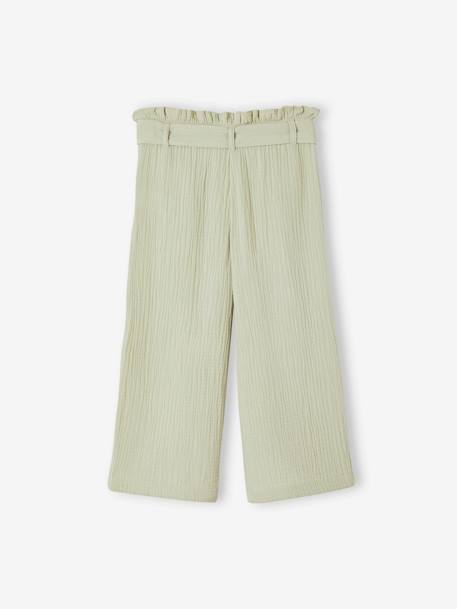 Pantalón pesquero ancho de gasa de algodón estilo «paperbag» para niña crudo+verde sauce 