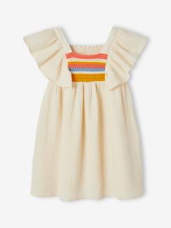 Vestidos-Niña-Vestido de gasa de algodón con detalle fantasía de ganchillo para niña