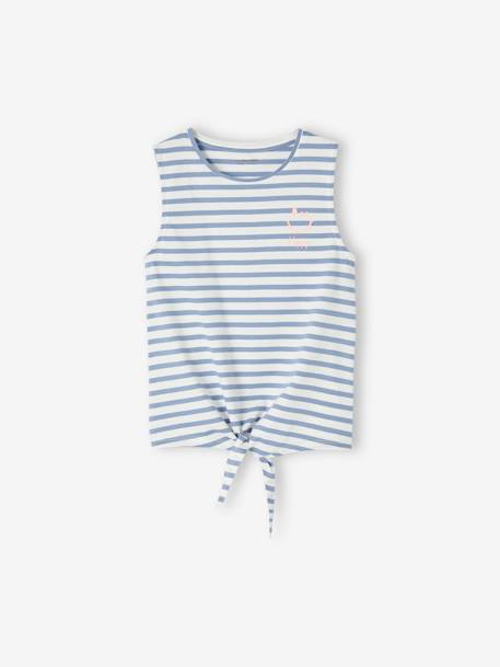 Camiseta sin mangas estampada con lacito, para niña azul grisáceo+crudo+denim natural 
